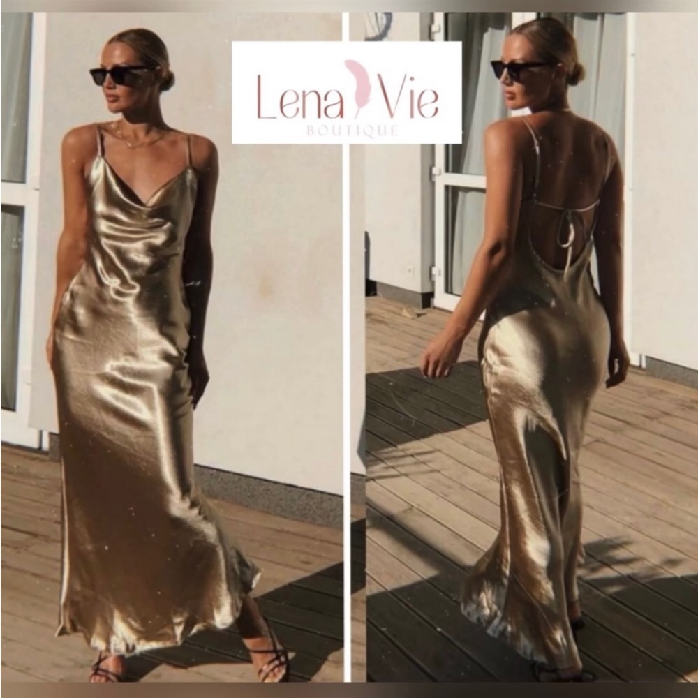 Lena Vie Champagne Addie May Slip Dress Hammered Soft Satin Long Gold Maxi